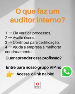 O que faz um Auditor ISO? 🤔✨
Mais do que “fiscalizar”, o auditor é um aliado estratégico das organizações!

1 → Ele verifica processos, garantindo que tudo esteja alinhado às normas.
2 → Avalia riscos, identificando pontos críticos antes que virem problemas reais.
3 → Contribui para certificação, ajudando a empresa a conquistar e manter seus selos de qualidade.
4 → Ajuda a empresa a melhorar continuamente, fomentando inovação e eficiência.

Quer se aprofundar no mundo da auditoria ISO e acelerar sua carreira? 🚀
👉 Entre no grupo exclusivo — link na Bio!

#auditorISO #auditoriainterna #auditoriadeprocessos #auditor #auditoriaexterna #auditoriamanagement #ISOauditor #auditprofissional #conformidadeISO #certificacaoISO #auditoriadeconformidade #gestaodeauditoria #melhorianacarreira #auditorialider #sistemadegestao